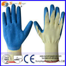 Blue latex coated gloves with crinkle finish